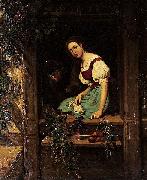 Johan Christoffer Boklund Ung kvinna i fonster med stickning och katt oil painting